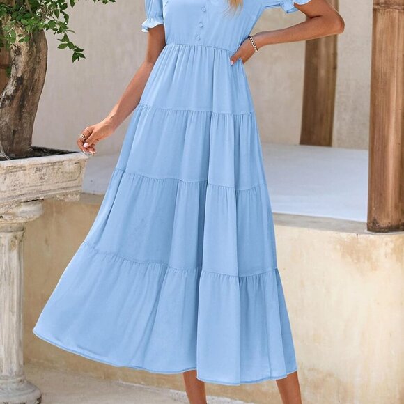 Women's Summer Casual Short Sleeve V Neck Midi Dresses 2025 Spring A-line Tiered - Picture 8 of 8